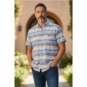 U.S. Polo Assn. Shirt Mens Large Blue Button Striped Short Sleeve Collard